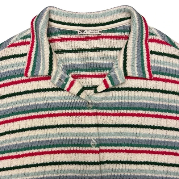 ZARA Knit Top Striped Button Front Short Sleeve Collared Relaxed Fit Grandpacore - Picture 4 of 10